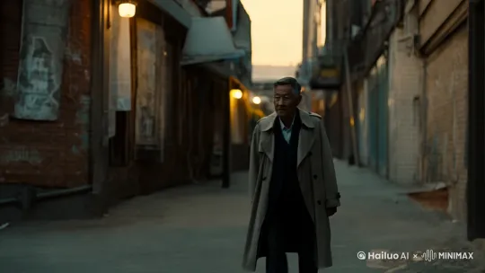 黄昏时分，城市的喧嚣渐渐平息。主角身着那件独特的风衣，漫步在老旧的街道上。街边的路灯散发着昏黄的光，拉长了他的身影。周围的建筑有些斑驳，墙壁上贴着各种褪色的海报，一切都透露着岁月的痕迹。 by Hailuo AI Video Generator