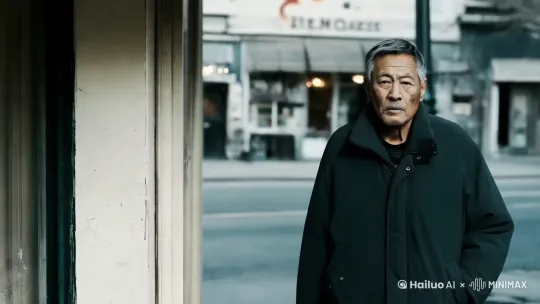 主角路过一家旧唱片店，店内传出悠扬的音乐。橱窗里摆放着一把落满灰尘的吉他，琴弦在昏黄灯光下闪烁着微光。主角停下脚步，透过橱窗望向吉他，思绪飘远 by Hailuo AI Video Generator