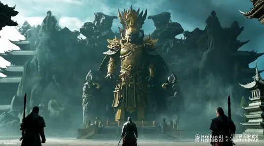 一把红色巨剑从天而降，直插地面周围地面裂开发出红色光芒，镜头迅速拉高俯拍整个场景 by Hailuo AI Video Generator