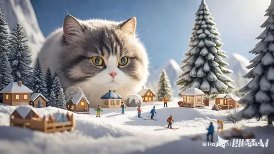 猫伸出爪向前快速奔出，碾压下面的小人 by Hailuo AI Video Generator