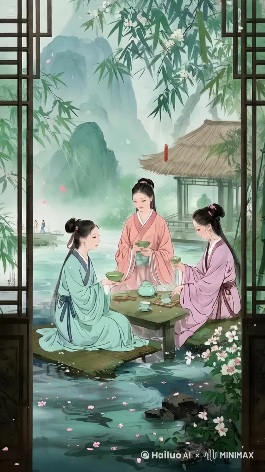 古风庭院里，三位女子身着汉服优雅对坐品茶，相互交谈。竹子上红色挂饰随风飘荡，溪水缓缓流淌，泛起涟漪。 by Hailuo AI Video Generator
