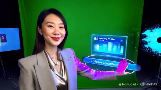 主体描述：
一位25-30岁亚洲气质女性主播，五官精致立体（杏仁眼+微笑唇），皮肤白皙通透，妆容清新职业（裸色系口红+微珠光眼影）。身着剪裁利落的浅灰色科技感西装套装，内搭珍珠光泽真丝衬衫，佩戴极简银色AI符号项链。
核心场景：
【主画面】直播间全景：主播位于环形补光灯中央，背后为100%纯绿幕（预留后期合成空间）。前景悬浮半透明全息屏，显示「AI学习路径图」动态图表（数据流+神经网络动画）
【细节元素】左侧浮动3D书籍模型（《深度学习实战》《AIGC创作指南》封面高清旋转展示），右侧粒子光效组成「专栏入口」虚拟按钮（脉冲式发光提示点击）
动作序列：
开场镜头（中景）：双手轻触全息屏划出课程目录，侧身30度面向镜头，眼神专注微笑道："今天带大家解锁AI学习的三大黄金工具..."
产品特写镜头（切换近景）：右手掌心向上平托书籍3D模型，左手做出「放大」手势触发封面文字光效，同步侧屏弹出该书作者权威认证标识
引导下单镜头（半身景）：突然俏皮眨眼，双手在胸前比出「AI」手势符号，身后绿幕区域预留特效插入位，配合台词："现在下单即刻生成你的专属学习方案！"
光影氛围：
主光源：5600K环形柔光灯（确保绿幕均匀无阴影）
辅助光：两侧2700K暖光补光棒（在人物轮廓产生科技蓝光晕）
动态光效：悬浮粒子随语音节奏脉冲流动（频率匹配重点词汇）
技术参数：
分辨率：4K 60fps（保留后期慢动作调整空间）
色彩模式：10-bit 4:2:2（确保绿幕抠像精度）
拍摄角度：双机位设置（主机位水平视角，辅机位25度俯拍） by Hailuo AI Video Generator