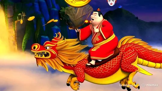 Pixar-style 3D animation, ultra-detailed, cinematic lighting,  
[Subject: Taiyi Zhenren (chubby, Sichuan accent, Daoist robe with golden embroidery, holding a horsetail whisk), riding a traditional Chinese dragon (golden scales, flowing mane, celestial aura)],  
[Scene: Mount Qianyuan's Golden Light Cave surrounded by mist, ancient Taoist symbols floating, Sichuan cultural elements (hotpot, bamboo, chili peppers) in background],  
[Action: Dragon soaring through clouds, scattering golden coins and "福" characters, Taiyi laughing and waving whisk with fiery particle effects],  
[Color Palette: Vibrant red and gold (festive), accents of jade green and sapphire blue (mystical)],  
[Effects: Dynamic ink wash transitions, Sichuan opera face-changing masks flashing around Taiyi, lotus flowers blooming under dragon's claws],  
[Camera: Wide-angle establishing shot → Tracking close-up of dragon's head → Slow-motion spiral around Taiyi],  
[Soundtrack: Traditional Chinese drums mixed with Sichuan folk flute, ending with Taiyi's humorous Sichuan dialect voiceover]. by Hailuo AI Video Generator