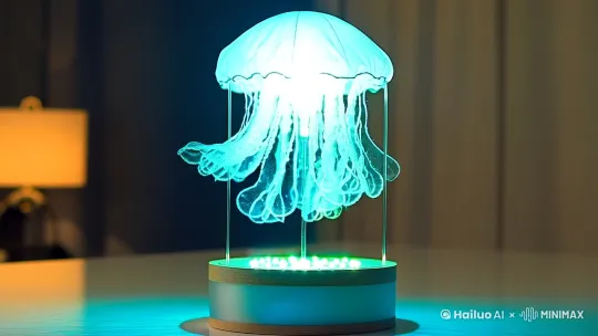 水母灯体通过磁悬浮技术轻盈漂浮于底座之上，仿佛真实的水母在空气中游弋，动态悬浮效果颠覆传统灯具设计，瞬间成为空间的艺术焦点。采用透明材质与柔光结合，水母触须细节逼真，搭配圆柱形底座，宛若将深海秘境搬进房间，夜晚点亮时宛如置身海底梦境内置七彩LED灯珠，支持多种灯光模式自由切换——静谧蓝、浪漫紫、暖光黄等，一键调节即可适配不同场景：深夜助眠、浪漫约会或温馨家庭时光。
动态光影效果：灯光如水流般缓缓流动，模拟水母在海洋中的自然游动轨迹，光影流转间营造出梦幻的沉浸式体验，让房间秒变艺术展厅提供手工DIY材料包，用户可亲手拼装水母灯体与悬浮底座，体验创造的乐趣，同时赋予产品独一无二的纪念意义（部分型号可选配电池款，操作简单便捷）
个性化定制：支持更换灯罩颜色或添加装饰元素（如贝壳、星星贴纸），打造专属的海洋主题小夜灯，满足年轻群体对个性表达的追求母象征“温柔守护”，悬浮设计寓意“爱意永不沉没”，附赠星空主题祝福卡，适合作为七夕、生日或新婚礼物，传递独特心意无论是ins风家居装饰、办公桌氛围提升，还是作为拍照道具，它都能轻松点亮空间格调，成为社交圈点赞收割机13 by Hailuo AI Video Generator