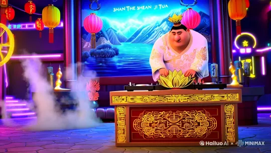 Cyberpunk Taoist bar, neon lights with traditional Chinese lanterns, holographic mountains and rivers painting (Shan He She Ji Tu) as background, DJ booth covered in golden lotus patterns, steam and glowing talismans floating in the air`  

**角色形象：**  
`A fat Taoist immortal with double chin, wearing white loose robe with golden cloud embroidery, red ribbon (Hun Tian Ling) wrapped around arms, lotus crown on head, holding a futuristic DJ mixer shaped like Qian Kun Quan, flying wind-fire wheels (Feng Huo Lun) spinning beside feet, holding a wine gourd, exaggerated humorous facial expression`  

**动作与特效：**  
`Dynamic pose with one foot on DJ booth, hands mixing tracks, golden lotus particles and electric sparks emitting from the mixer, ice and fire silhouettes of Ao Bing and Ne Zha dancing i[右移,左摇,跟随][右移,左摇,跟随] by Hailuo AI Video Generator