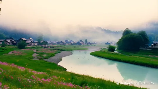 场景： 清晨，薄雾笼罩着宁静的村庄，一条清澈的小河蜿蜒流淌，岸边绿草如茵，野花点缀。

镜头一：全景 (缓慢横移)

镜头从远处缓缓横移，展现清晨河边的全景：薄雾、流水、绿树、村庄，构成一幅宁静的田园画卷。

轻柔的背景音乐响起，鸟鸣声若隐若现。

镜头二：中景 (推镜)

镜头缓缓推进，聚焦到河边一位身着素衣的女子身上。

她蹲在河边，手持木棒，轻轻捶打着衣服，动作轻柔而富有节奏感。

阳光透过树叶的缝隙洒在她身上，勾勒出她柔美的轮廓。

镜头三：特写 (摇镜)

镜头从女子的手部特写开始，慢慢上摇，展现她专注的神情。

她微微低头，嘴角带着淡淡的笑意，仿佛沉浸在洗衣的乐趣中。

水珠从衣服上溅起，在阳光下闪烁着晶莹的光芒。

镜头四：近景 (移镜)

镜头从侧面缓缓移动，捕捉女子洗衣时的动态美。

她的衣袖挽起，露出白皙的手臂，随着捶打的动作，衣袖轻轻飘动。

河水倒映着她的身影，波光粼粼，如梦似幻。

镜头五：全景 (拉镜)

镜头缓缓拉远，女子洗衣的身影逐渐融入清晨的河景中。

薄雾渐渐散去，阳光洒满河面，整个画面充满了温暖和生机。

轻柔的音乐渐渐淡出，画面定格在女子洗衣的背 by Hailuo AI Video Generator
