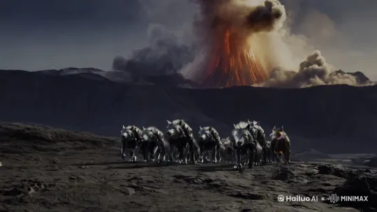 [远景]异星球上，火山喷发，烟雾弥漫。
 
[中景]机械狼小队稳步走来，金属外壳闪着光。
 
[近景]外星生物突然窜出，发动攻击。
 
[近景]头狼迅速反击，发射激光。
 
[中景]机械狼们发射火箭弹，硝烟四起。
 
[远景]战斗结束，机械狼小队继续前行。 by Hailuo AI Video Generator