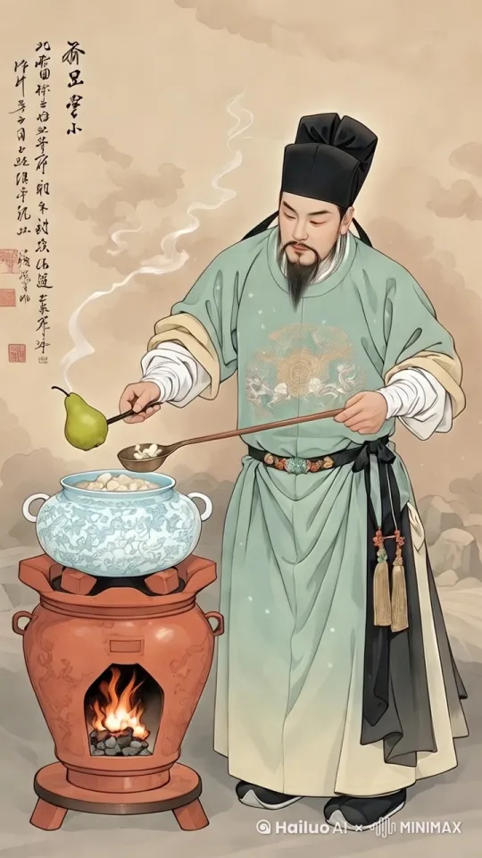 古代角色：明代膳官（贴里袍/乌纱帽）
古风场景：红泥火炉上的钧窑月白瓷瓮
画面描述：长柄铜勺搅动雪梨银耳沉浮
粗犷斧劈皴法刻画炉火光影，工笔晕染呈现瓷瓮冰裂纹 by Hailuo AI Video Generator