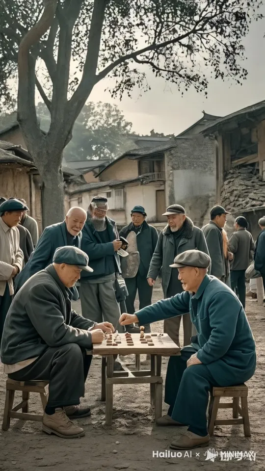 镜头移动，动态跟随，两个老人正在下象棋，突然右边的老人把棋盘掀翻，一脚踢到左边老人的头上，左边的老人急忙用胳膊格挡，两个人开始了惊心动魄的中国功夫对决。左边的老人右脚轻点地面，身体如旋风般旋转，左腿高高抬起，以一记凌厉的侧踢攻向对手的头部，速度极快。右边的老人一个前滚翻躲开，起身时双腿连环踢出，腿影重重，令人眼花缭乱。两人的招式变化无穷，身影在环境中快速移动，忽左忽右，地面灰尘四起，展现出中国功夫的博大精深。周围的人欢呼雀跃、拍手叫好。 by Hailuo AI Video Generator
