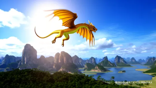 [左移,右摇,跟随]中景，金色中国风巨龙飞行。[右移,左摇,跟随]运用移镜头，画面跟随巨龙的飞行轨迹，呈现巨龙在蓝天白云间，身姿轻盈地自由飞行，下方是广袤山川与蜿蜒河流。时长 4 秒，画面以湛蓝天空与翠绿山川为主色调，呈现出清新自然的视觉效果。阳光直射，在巨龙身上形成明亮的轮廓光，凸显其飘逸灵动。[左移,上升]龙息划破空气时，周围产生淡淡的白色光芒。[晃动]有剑气划破空气的呼啸声。 by Hailuo AI Video Generator