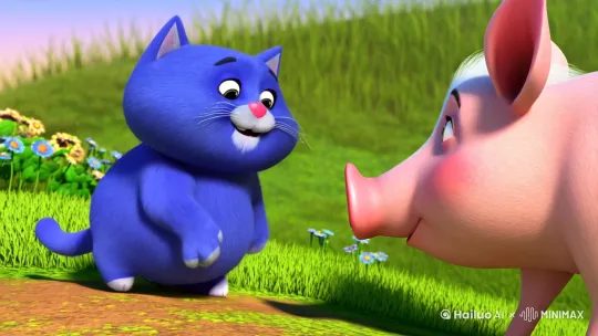 一只非常胖的蓝色小猫在和一只猪在握手 by Hailuo AI Video Generator