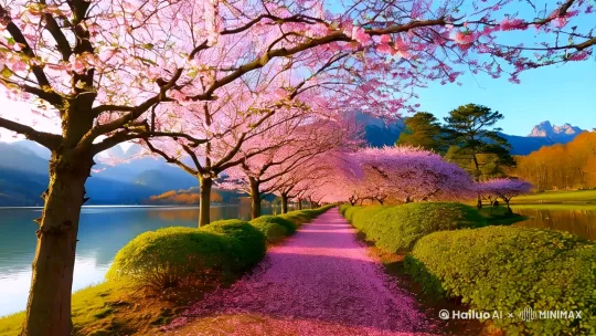 1.
主题：樱花盛开的春天
2.
场景：樱花树排列在小路两旁，花瓣散落在地面上
3.
颜色：粉红色的樱花和绿色的叶子
4.
氛围：浪漫、宁静
5.
视角：低角度仰视，突出樱花树的繁茂
6.
背景：远处有湖泊和山脉
7.
光线：阳光明媚，光线柔和 by Hailuo AI Video Generator