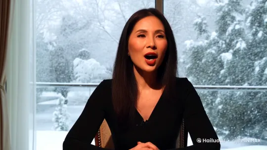 帮我设计一个美女演说视频的视频，嘴巴要一直说，坐在桌子前，在房间里，背景是一个大玻璃，外面下着大雪 by Hailuo AI Video Generator