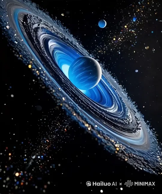 一蓝色星球和它的光环在慢慢旋转，缓缓地吸收周围的天体 by Hailuo AI Video Generator