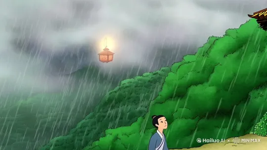 晚清年间，书生柳文昭赴京赶考途经徽州，暴雨突至时望见山腰悬着盏青皮灯笼。循光寻去竟是座爬满藤蔓的牌坊，残破石匾刻着「胡氏宗祠」，门槛积灰三寸却放着新鲜艾草。  
祠堂深处转出绿裙少女，自称守墓人胡三娘。书生被引至偏殿休憩，瞥见供桌下有柄红漆竹骨折伞，伞骨末端缀着九枚刻狐首铜铃。正欲细观，三娘突然扣住他手腕：「公子莫碰，这是镇压邪祟的法器。」 
子夜惊闻女子嬉笑，柳文昭推窗见三娘赤足立于庭院。月光穿透她单薄绿裙，裙下竟垂着三条蓬松狐尾！书生欲逃时，手中油灯忽变狐首灯笼，照出满院残碑皆刻「负心者死」。  
三娘指尖划过书生咽喉：「百年前你毁约逃婚，害我族妹遭天雷焚身。今世既收聘礼...」话音未落，九枚铜铃齐震，折伞自动展开遮住书生，伞面浮现道士虚影持剑怒喝：「妖孽安敢！」  
折伞释放金光将众人卷入幻境：百年前柳文昭前世作为猎户，与狐女私定终身，却在成亲夜将雄黄粉撒向喜烛。狐女现形遭村民围剿，最终被铁链锁在祠堂引天雷诛杀。  
三娘狐尾暴涨刺向书生心口，却被折伞幻化的桃木剑格挡。原来当年道士感念狐女真情，取她一缕魂魄炼成护主法器，伞骨铜铃正是狐女被劈散的九条尾巴。  
伞面突然浮现狐女残影，三娘见状悲鸣跪地。残影轻抚书生眉眼：「我不恨你畏妖，只怨天道不容人妖相恋...」言毕铜铃尽碎，暴雨骤停，晨曦中唯余折伞斜插青冢，伞下开着簇并蒂狐尾花。 by Hailuo AI Video Generator