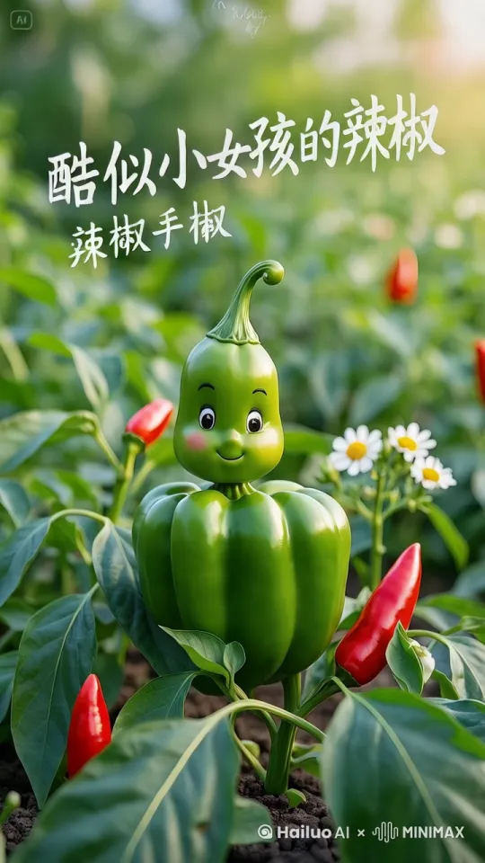1图片中的叶子随风左右摆动，拟人辣椒上下点头，动作丝滑自然 by Hailuo AI Video Generator