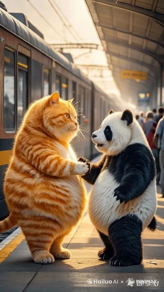 猫咪和熊猫开心的拥抱，画面不要转动 by Hailuo AI Video Generator
