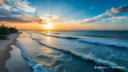 海浪拍打沙滩[左移,右摇,拉远] by Hailuo AI Video Generator
