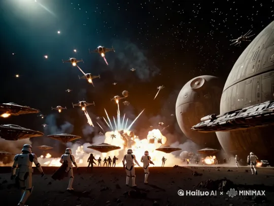 人类与外星人也开始了激烈的战斗，地面上的机器人与外星人都走动起来了。天上的战斗机也飞起来战斗了。有爆炸的效果，有战斗火花的效果。整体动画效果真实，逼真，高清。整个动画效果有好莱坞电影大片的感觉。[推进,上升] by Hailuo AI Video Generator