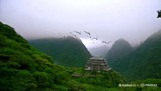 云雾缭绕的青山中，一座中式古建筑若隐若现，一群白鹤在群山间飞翔，写实风格。 by Hailuo AI Video Generator