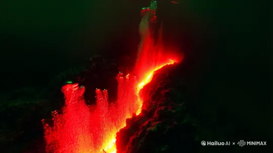 幽暗的海底，红红的岩浆沿着火山口缓缓流下，密集的水泡四溢而出[晃动] by Hailuo AI Video Generator