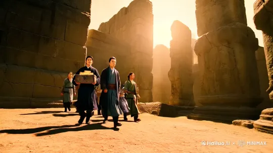 |1|全景|10|阳光洒在陆沉等人身上，他们带着宝箱里的线索，从古老遗迹中走出，神情凝重。|旁白：陆沉等人带着宝箱里的线索离开了古老遗迹，可接下来，一场更为艰巨的冒险即将展开。|低沉的背景音乐，夹杂着轻微的风声|古老遗迹外| by Hailuo AI Video Generator