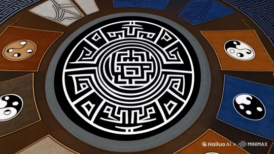 一幅神秘的画面，画面中心是一个黑白相间正在顺时针旋转的太极图，太极图外围是逆向旋转的八卦图，色彩为古朴的棕色和灰色。八卦图的更外围是同样在旋转的 64 卦圆图，色调为深蓝色。随后，无数黑色和白色的阴爻和阳爻图案从图案中飞出。最后画面定格为易经 64 卦当中的山火贲卦图案，图案线条为金色，下方有以金色粒子形成的“贲：小利有攸往”几个书法字体，字体笔画流畅，字体依次闪烁着耀眼的金光，整个画面背景为深邃的黑色，营造出神秘而庄严的氛围。 by Hailuo AI Video Generator