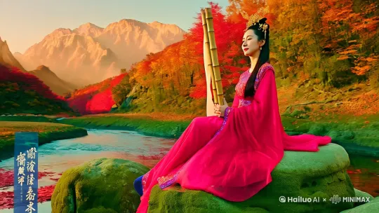 【洛神秋思】
水墨晕染质感，绛红广袖流仙裙女子侧坐溪边青石，发间插鎏金步摇，手持竹简凝望远方，背景为层叠的赭石色秋山与丹枫，落叶纷飞处隐约可见白鹤掠空，画面左下方题写《洛神赋》残卷。 by Hailuo AI Video Generator
