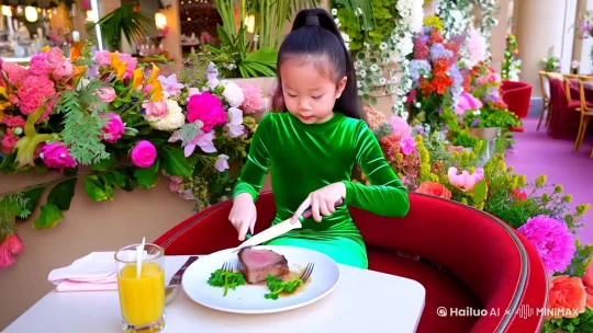非常漂亮的亚洲小女孩，扎着高尾辫，绿色亮色绒面连衣紧身长裙，在全是花朵里的网红餐厅里吃着牛扒，喝着果汁，镜头由远景向人物推进 by Hailuo AI Video Generator