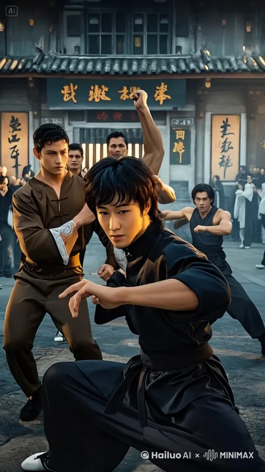 后退拳打脚踢，激烈对打，转圈旋风腿，降龙18掌，无影脚，快速打，拳打左侧快速打群攻灵魂踢转圈灵魂踢，前空翻连环踢后空翻连环踢左右空翻连环踢，转圈，连环踢，顺风腿，空中对打，快速拳打脚踢，口吐鲜血， by Hailuo AI Video Generator