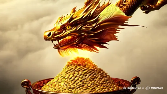 一条鳞片闪耀着金色光芒的巨龙在云雾缭绕的空中翱翔，姿态威严而优雅，仿佛在为观者送去吉祥与祝福。金龙双眸炯炯有神，长须飘逸，口中喷吐出串串金光，象征财富与好运。画面底部，是一只精致的聚宝盆，源源不断地向外喷射金币，寓意财源滚滚。近景，龙头很大，中距离视角，动态捕捉金龙身体飞翔摆动。 by Hailuo AI Video Generator