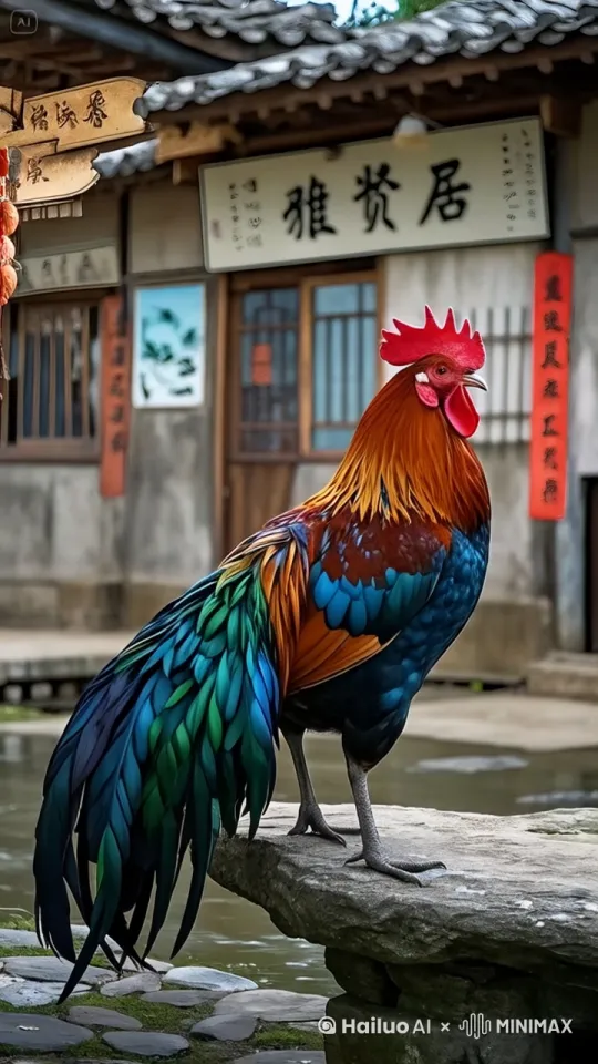 雄壮的公鸡蹬地跃起，展翅腾空的瞬间，翅膀完全展开呈V字型，连续飞行轨迹指向屋顶场景，羽毛动态飘逸，运动张力十足，写实风格，自然光影突出羽毛金属光泽 by Hailuo AI Video Generator