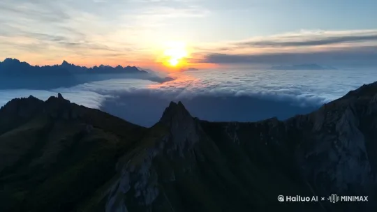 航拍群山云海，不要出现人物，镜头环绕一周，同时太阳升起，镜头慢慢向着太阳推进 by Hailuo AI Video Generator