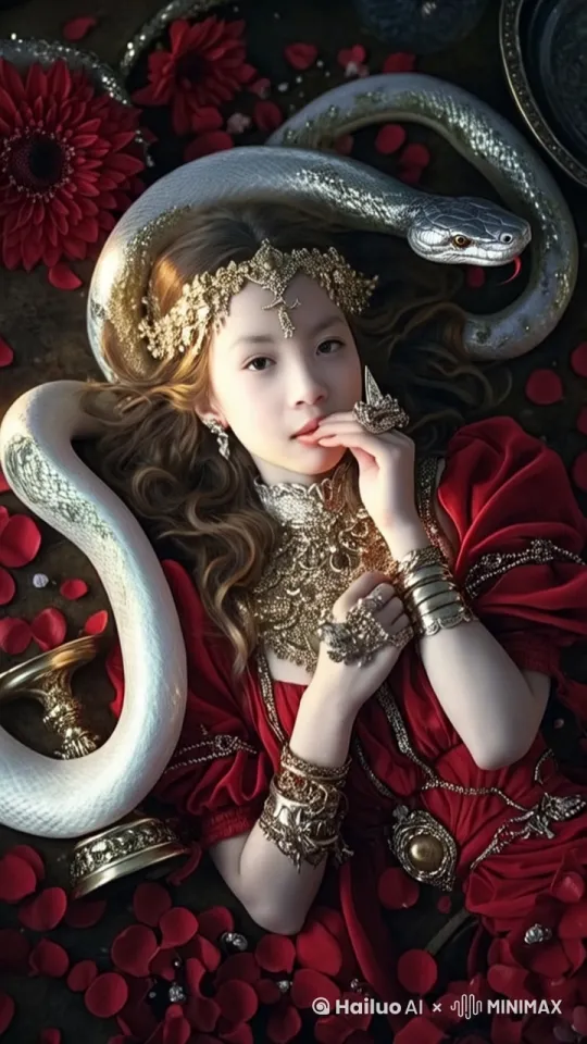 镜头拉近，女孩眨一眨眼睛。衣服，头发飘动。脸部不要产生畸变，变形。蛇在蠕动，天空飘散着红色花瓣。 by Hailuo AI Video Generator