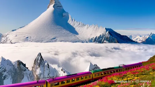 少女峰，那座宛如冰雪女王般的山峰，以其绝美的身姿傲立天地之间。峰顶上的积雪宛如一层厚厚的天鹅绒，细腻而洁白，在阳光的轻抚下闪烁着细碎的光芒，仿佛无数颗钻石镶嵌其中。冰川列车如同一颗色彩斑斓的明珠，在这洁白与翠绿交织的世界中穿梭。列车的车身涂着鲜艳的色彩，在山间格外醒目，车窗犹如澄澈的湖面，清晰地倒映着窗外的美景。云海像是一片波涛汹涌的白色海洋，在山谷间翻滚奔腾，时而将少女峰的山腰环绕，时而如瀑布般倾泻而下。雪峰像是大地伸出的利剑，直刺苍穹，每一座雪峰都有着独特的形状，有的如金字塔般规整，有的似锯齿般尖锐，它们在阳光的照耀下，明暗对比强烈，更显冷峻威严。而那漫山遍野的野花，像是大自然随意洒落的颜料，红的似火、粉的如霞、黄的像金，它们在微风中轻轻摇曳，与冷峻的雪峰形成鲜明的对比，为这片冰雪世界增添了无限生机。列车沿着山间铁轨缓缓前行，发出有节奏的哐当声，仿佛是在为这片美景演奏着背景音乐。铁轨两旁的森林郁郁葱葱，松树、云杉等树木高大挺拔，阳光透过树叶的缝隙洒下，形成一片片斑驳的光影。远处的瑞士木屋静静地坐落在山谷中，烟囱里冒出的炊烟袅袅升起，为这片宁静的山地增添了一份人间烟火气。车厢内，乘客们静静地欣赏着窗外的美景，脸上洋溢着陶醉与满足的神情，仿佛时间都在这一刻静止，沉浸在这如诗如画的瑞士山地风光之中。采用高品质模式，运用车厢内外双机位同步拍摄，结合螺旋式跟随、变焦运镜，并搭配淡入淡出或渐变效果。利用光影突出少女峰细节、列车特色、云海质感、雪峰形态、野花色彩和环境氛围，营造宁静、壮美且充满诗意的画面。 by Hailuo AI Video Generator