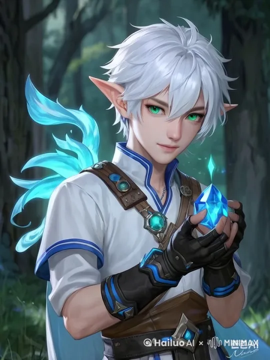转头凝视手中的宝石，宝石散发出蓝色光晕，燃起蓝色火焰 by Hailuo AI Video Generator