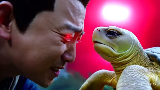 他看着重伤的灵龟，它的眼睛突然流泪并且缓缓的闭上，气息也随之消失，看着灵龟断气，他勃然大怒，朝着天空一声怒吼，天空瞬间变为红色，周围空气也扭曲起来，凡是修为低的人都压的喘不过气，他红着眼看着面前这个微笑的男人，面目狰狞朝这个男人冲过去，只见两个人打的不可开交，周围的树木花草全部飞出，他有一拳打空，打到了山上只见山崩地裂，周围的人全被冲击波震飞出去，周围蓝绿两道光冲出数十里，他怒吼着：杀我学生也就摆了，连我的灵宠都敢动，我今天要和你拼命！说话同时周围的空气更加扭曲[左移,上升] by Hailuo AI Video Generator