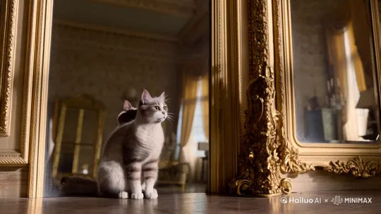 猫咪看到镜子里的自己，瞬间怀疑猫生！  
**"我是谁？我在哪？我怎么有两个？"**  
快来看看这只猫咪如何与“另一个自己”斗智斗勇 by Hailuo AI Video Generator