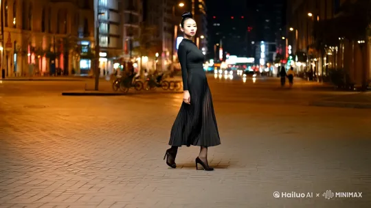 丸子头，中国人，面相精致，18岁，端庄，高雅，真实拍摄，32k高清，紧身百褶裙，黑色丝袜，高跟鞋，紧身衬衫，身材好，瘦瘦的，腿又细又长，胸大丰满，面相清秀，城市的夜晚街头行走，视频尺寸9:16，竖屏视频 by Hailuo AI Video Generator