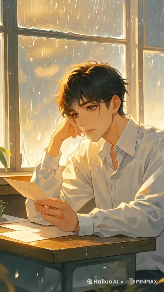 [左移,推进,右摇]插画风格，帅气男孩坐在窗边，手握未寄出的信，雨天窗外，雨滴滑落玻璃，沉思的氛围，穿着白色衬衫，柔和光线，电影感，高细节，8K分辨率 by Hailuo AI Video Generator