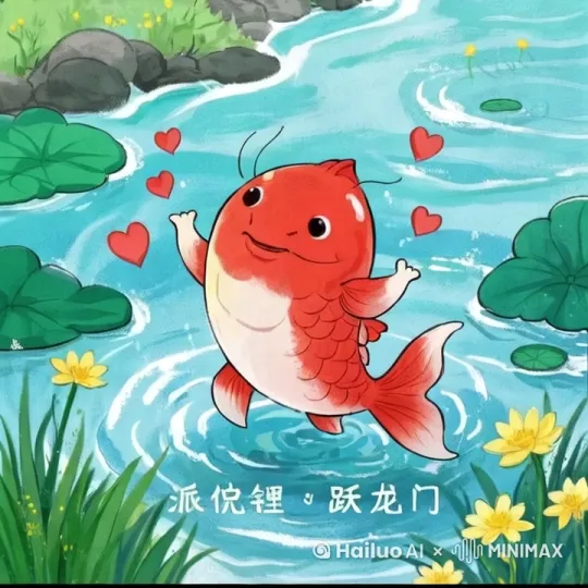 小鲤鱼时而倏地窜出湍流哗啦的水面，神采飞扬，吐出“Let us go！”的话语！总共三次！ by Hailuo AI Video Generator