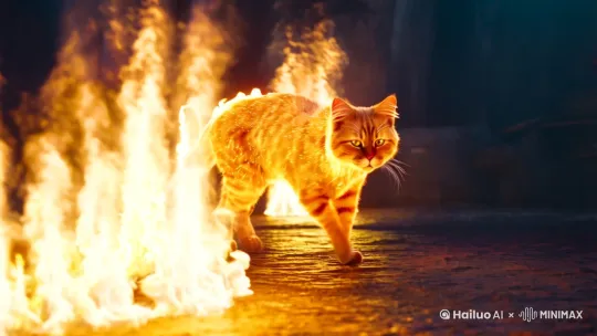 一只周身燃烧着烈烈火焰的猫，迈着沉稳的步伐，目光坚毅地径直向我走来。 by Hailuo AI Video Generator