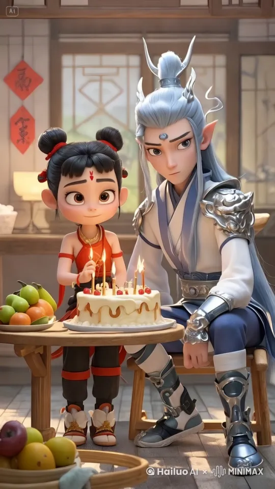 哪吒对着蜡烛吹气，蜡烛被吹灭，敖丙说许个愿望吧。 by Hailuo AI Video Generator