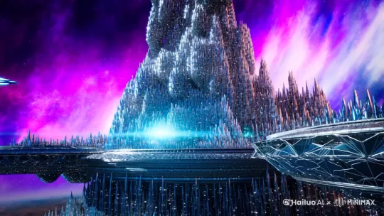 "Futuristic space station with crystalline geometry, glowing purple nebula background, neon light trails from quantum ships, holographic galaxy interface, sci-fi digital art, 8k resolution --ar 21:9 --v 5" by Hailuo AI Video Generator