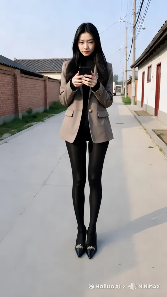 女孩微笑看一眼镜头，然后继续刷手机。镜头右环移 by Hailuo AI Video Generator