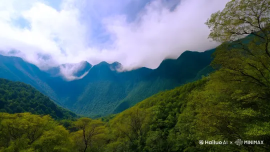- 画面从一片静谧的山林远景切入，山峦连绵，树木葱茏，云雾在山间缭绕，营造出空灵的氛围。镜头逐渐拉近，聚焦在一棵桂花树上，淡黄色的桂花在微风中轻轻飘落，如同点点繁星缓缓坠落地面。树下，一位身着素衣的古人，闲适地坐在石凳上，仰头望着飘落的桂花，脸上露出悠然的神情。 by Hailuo AI Video Generator