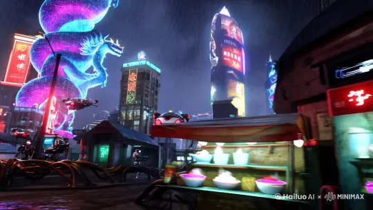 [Cyberpunk 2077 style] Futuristic city street at midnight, heavy rain with neon reflections, 
◆ Giant holographic dragon coiling around skyscrapers, 
◆ Floating taxi drones with Chinese LED ads, 
◆ Cyborg street vendors selling glowing ramen, 
◆ Neon-lit "赛博黑市" sign in broken Chinese, 
◆ Robot police with red scanning eyes, 
◆ Bio-mechanical cables dripping oil, 
Ultra-realistic, Unreal Engine 5, volumetric fog, cinematic lens flare, film grain --ar 21:9 --chaos 30[左移,推进,右摇][左移,推进,右摇] by Hailuo AI Video Generator