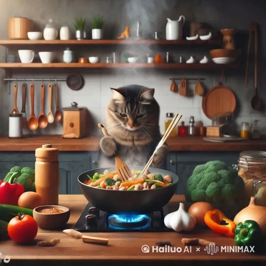 猫在炒菜[推进,上升] by Hailuo AI Video Generator
