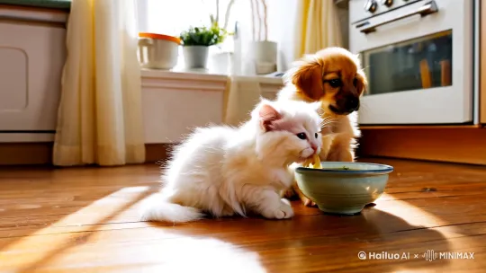 小猫和小狗在一起吃面条 by Hailuo AI Video Generator