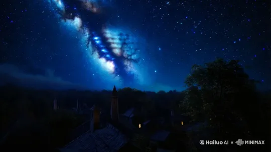 夜空，银河，繁星闪烁，静谧的村庄，远景俯视地面，微风吹动树叶，无声的氛围，暗蓝色调，童话感 by Hailuo AI Video Generator